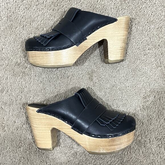 No. 6 by Sven Women’s Black Fringe Wooden Leather Clogs Size 37 Boho Hippie - Picture 5 of 12